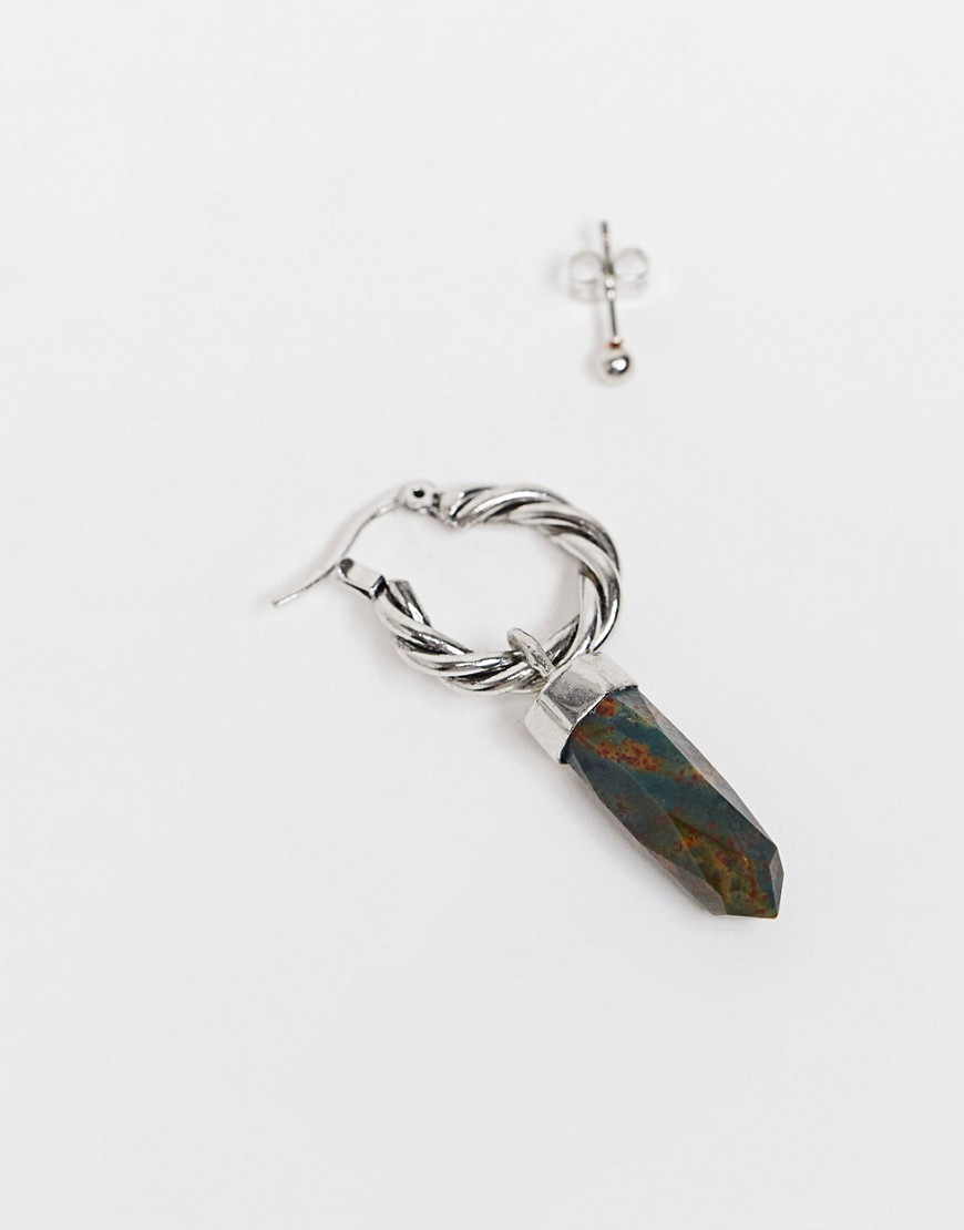 фото Серебристые серьга-кольцо 12 мм с осколком мохового агата и серьга-гвоздик asos design-серебристый