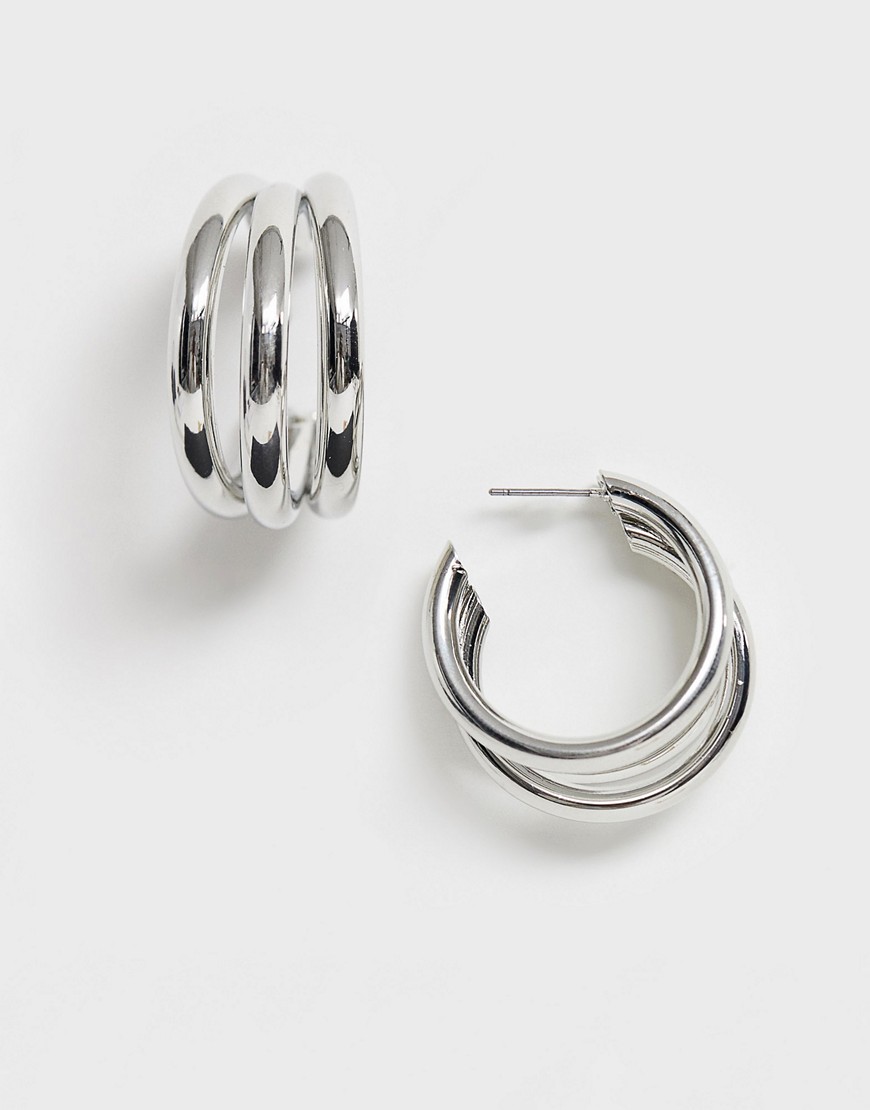 фото Серебристые серьги-кольца с тройной отделкой glamorous-серебряный