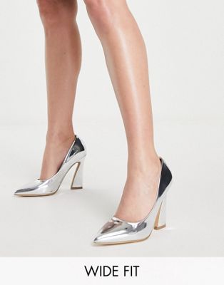 фото Серебристые туфли на расклешенном каблуке для широкой стопы glamorous wide fit-серебристый
