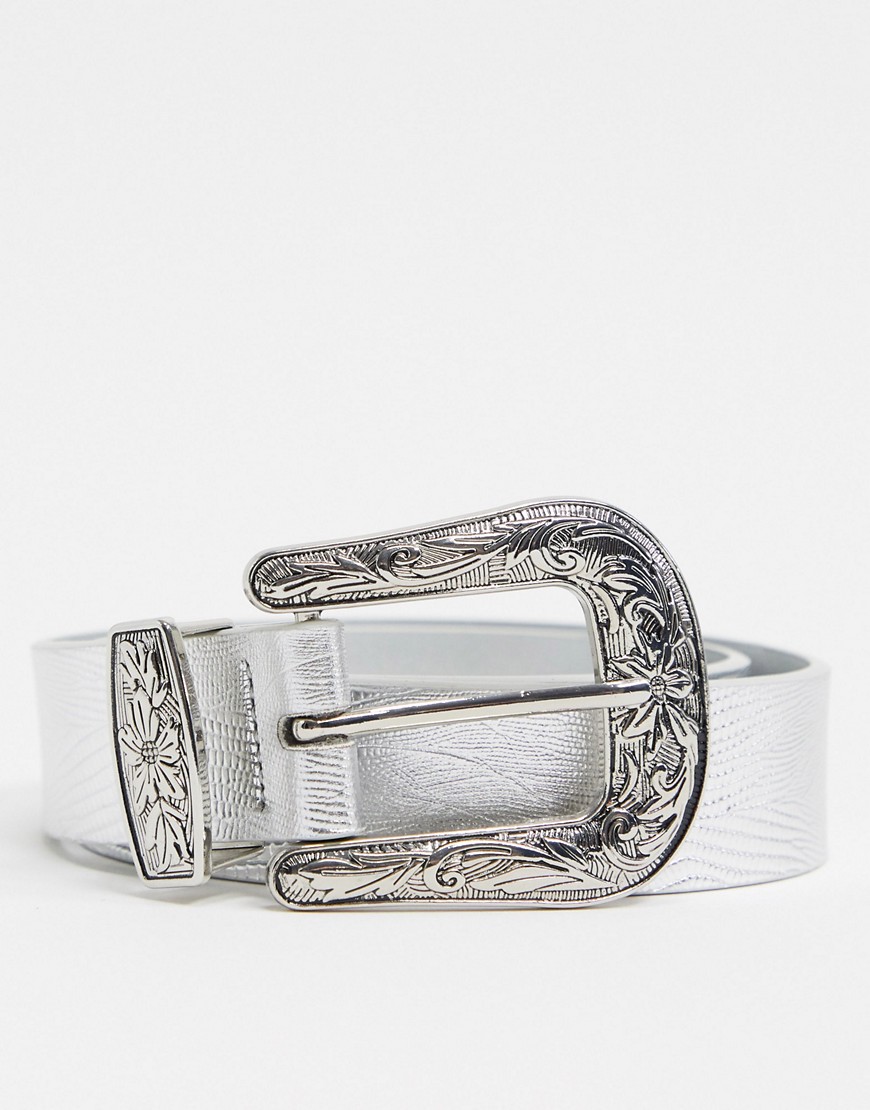 фото Серебристый узкий ремень в ковбойском стиле asos design-серебряный