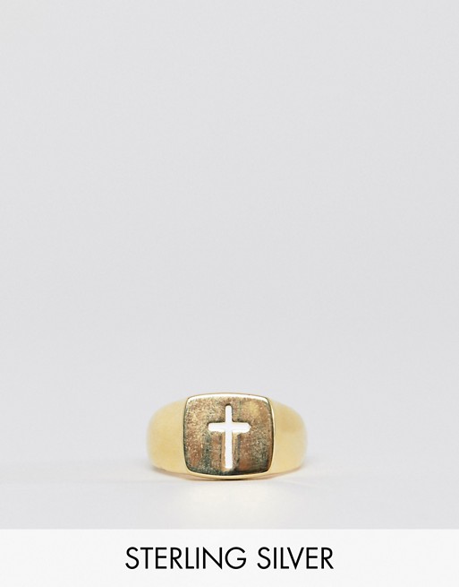 Serge Denimes cross signet pinky ring in sterling silver with gold plating
