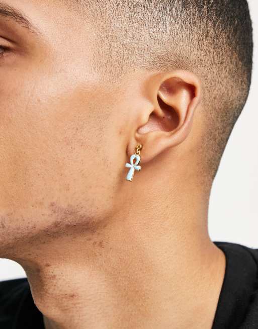 Serge DeNimes – Goldfarbener Ohrring mit Ankh-Anhänger aus blauer Emaille