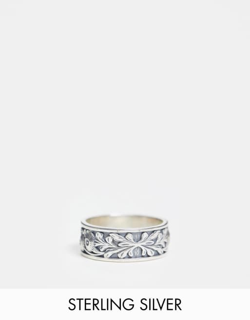 Serge DeNimes – Silberfarbener Ring aus Sterlingsilber mit Blumen-Gravur und rotem Stein