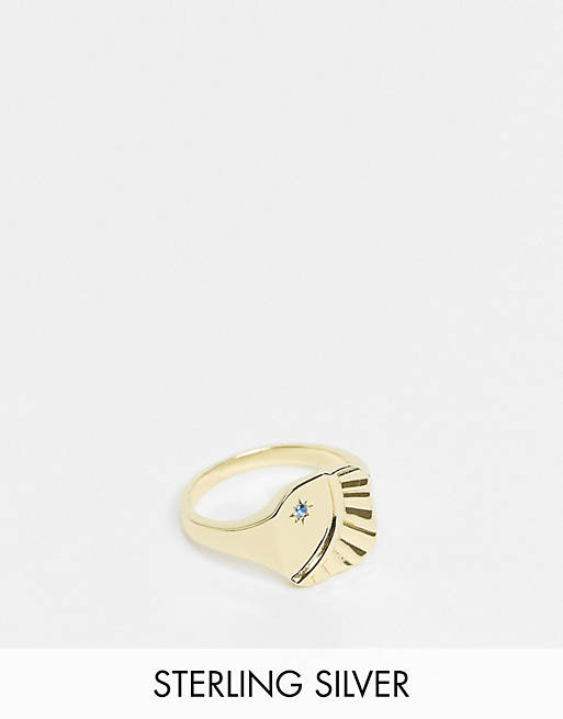 Serge DeNimes sterling silver gold plated signet ring with moon engraving and blue stone