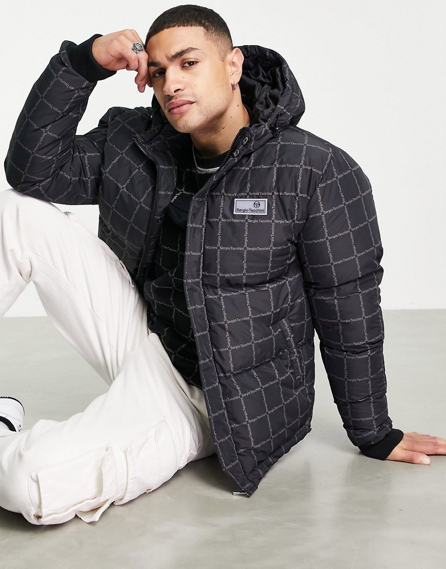 Sergio Tacchini puffer jacket with all over branding in black