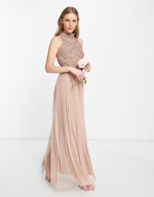  Серо-коричневое платье макси с юбкой из тюля и отделкой Beauut Bridesmaid-Розовый цвет