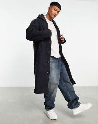 фото Серое меланжевое пальто в стиле oversized с капюшоном из материала с добавлением шерсти в тонкую темно-синюю полоску asos design-темно-синий
