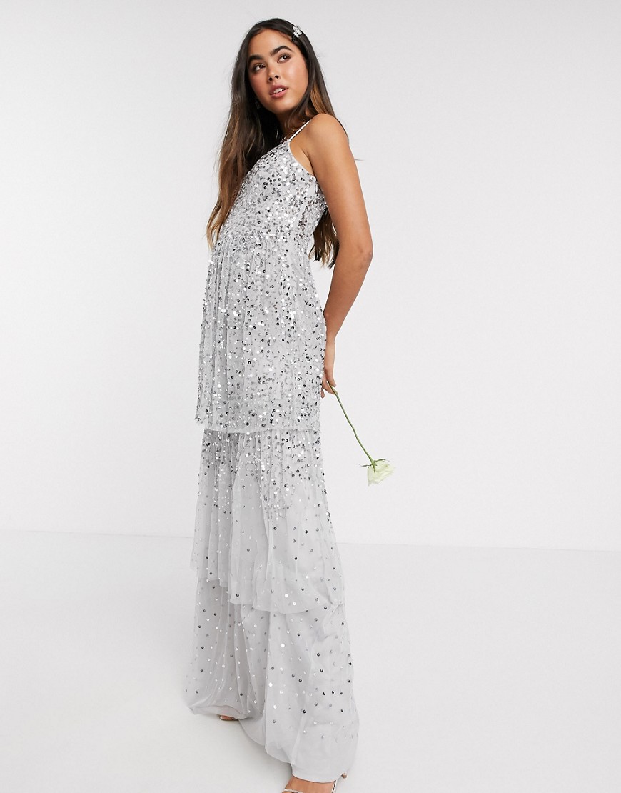 фото Серое ярусное платье макси с пайетками и эффектом омбре amelia rose bridesmaid-серый