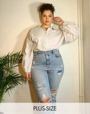 Топы  Asos Серовато-бежевая рубашка с расклешенными рукавами In The Style Plus x Lorna Luxe-Коричневый цвет