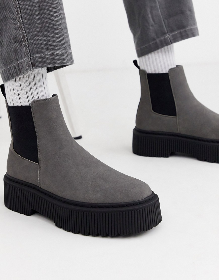 фото Серые ботинки челси из искусственной замши с массивной подошвой asos design-серый