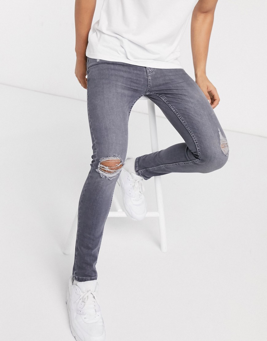 фото Серые супероблегающие джинсы с рваной отделкой new look-синий