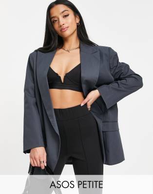 Серый двубортный блейзер в винтажном стиле с глубоким вырезом ASOS DESIGN Petite-Темно-синий