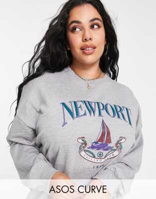 фото Серый меланжевый свитшот с принтом "newport" asos design curve asos curve