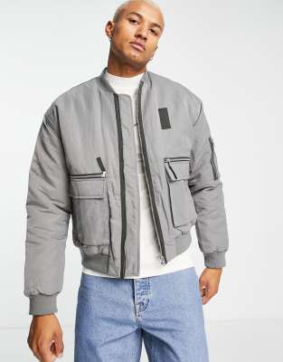  Серый утепленный oversized-бомбер с карманом MA1 ASOS DESIGN