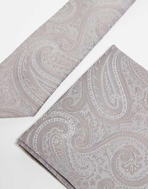 Set color piedra de pañuelo de bolsillo y corbata con estampado de cachemir de satén de ASOS DESIGN, 2 de 3