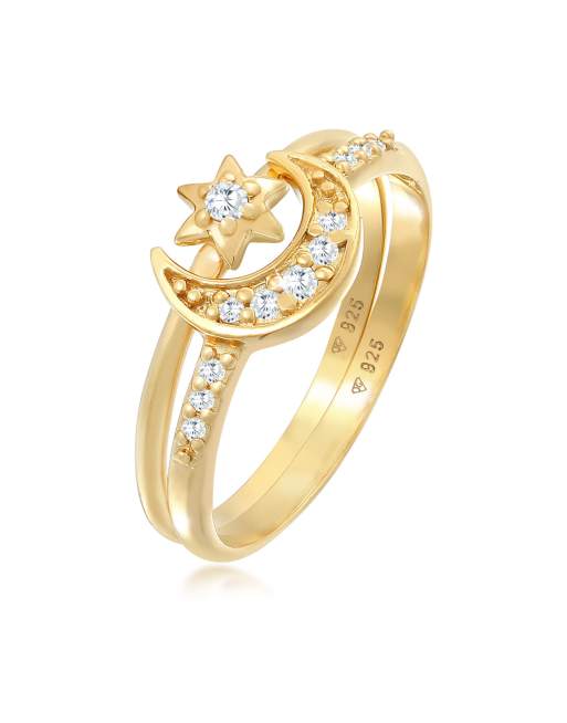 Set de anillos apilables dorados de plata de ley 925 con diseño de estrella y luna Astro Trend de Elli