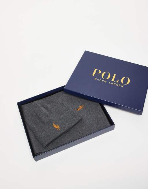 Set de bufanda y gorro gris oscuro jaspeado con logo de punto de algodón Icon de Polo Ralph Lauren, 2 de 3