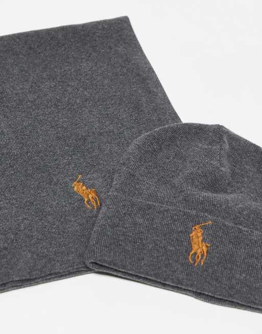 Set de bufanda y gorro gris oscuro jaspeado con logo de punto de algodón Icon de Polo Ralph Lauren, 3 de 3