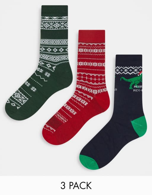 Set de regalo de 3 pares de calcetines de color verde y azul con estampado de grecas alpinas y dinosaurio de Jack & Jones 