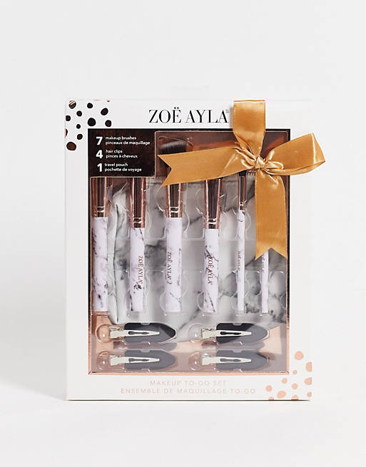 Set de regalo de 7 brochas de maquillaje con estampado marmoleado y a juego funda y pack de 4 pinzas para el cabello de Zoe Ayla 