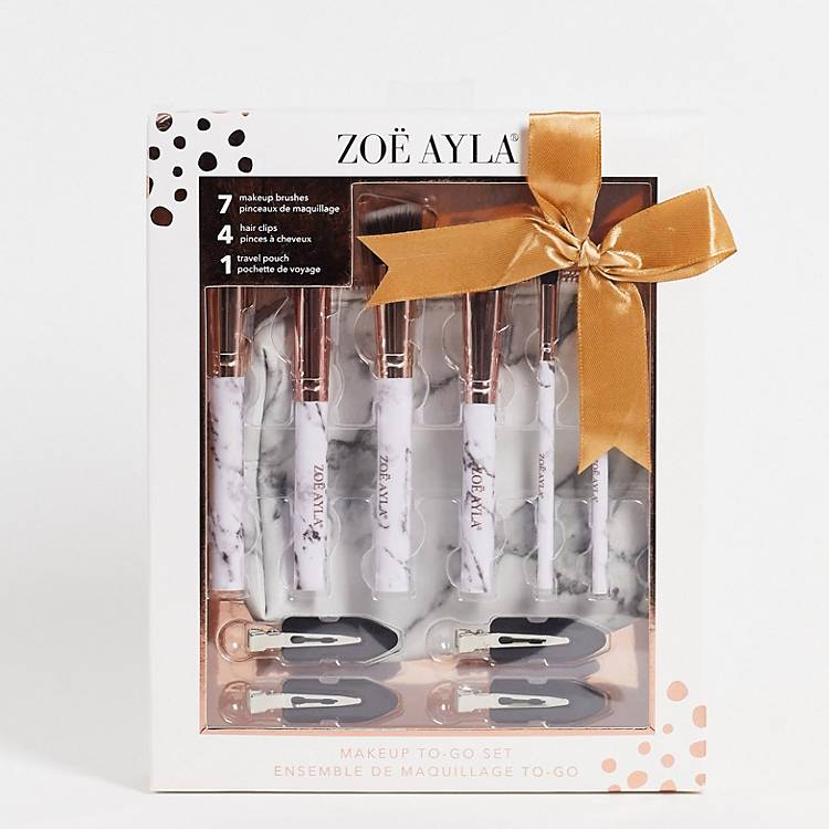 Set de regalo de 7 brochas de maquillaje con estampado marmoleado y a juego  funda y pack de 4 pinzas para el cabello de Zoe Ayla | ASOS