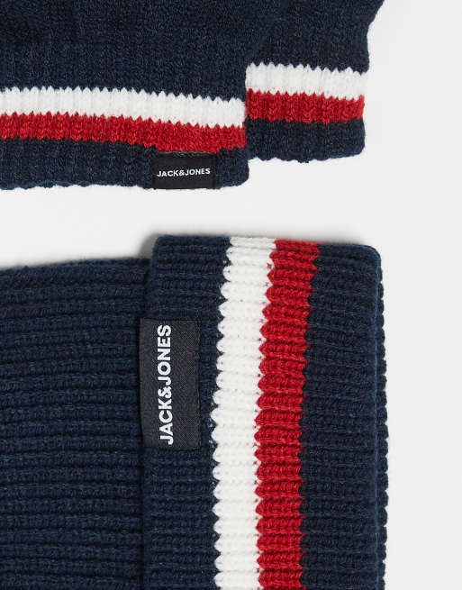 Set de regalo de guantes y gorro azul marino con rayas de Jack & Jones, 3 de 3