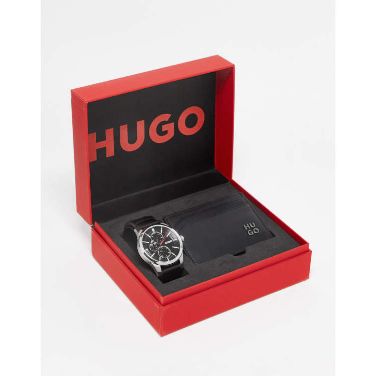 Set de regalo negro reloj de pulsera correas cuero y tarjetero de cuero 1570139 de HUGO | ASOS