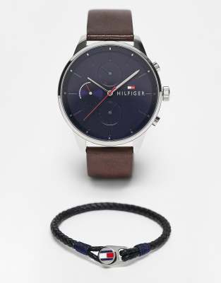 Set de regalo para hombre de pulsera trenzada y reloj de pulsera marrón de cuero de Tommy Hilfiger