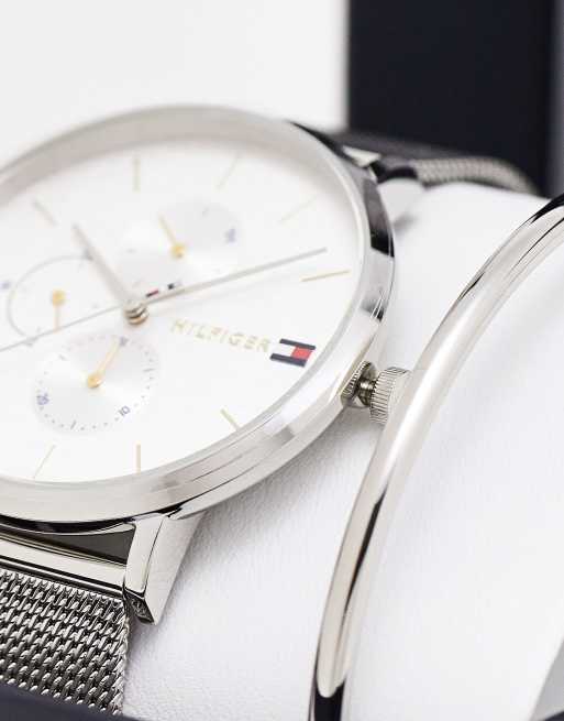 Set de regalo plateado de pulsera y reloj para mujer con correa de