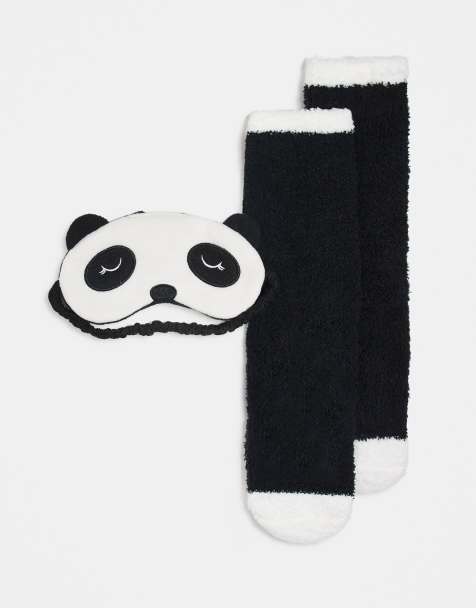 Set negro y blanco de calcetines para dormir y antifaz con orejas con diseño de oso panda original de punto mullido de Brave Soul - view 1