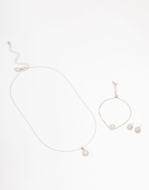 Set plateado de pendientes, pulsera y collar con circonitas redondas de Lovisa - view 1