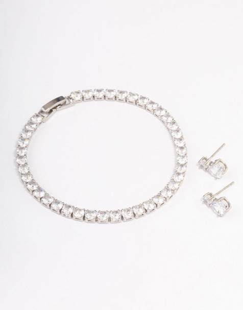 Set plateado de pulsera de tenis y pendientes con diseño de circonitas circulares graduales de Lovisa - view 1