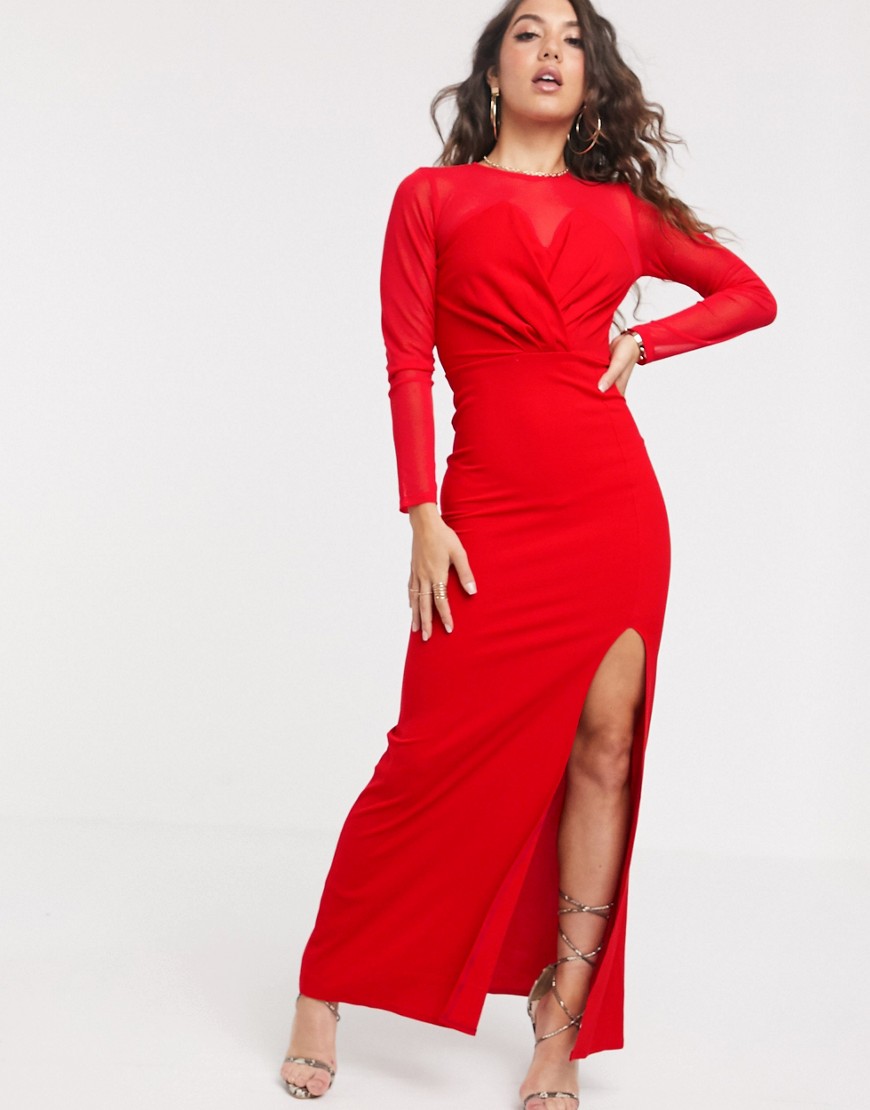 фото Сетчатое платье макси с длинными рукавами tfnc-красный