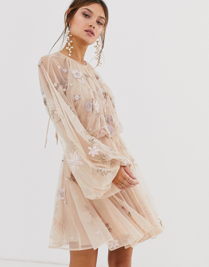 фото Сетчатое платье с цветочной отделкой и пышными рукавами asos edition-розовый
