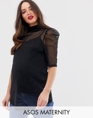 фото Сетчатый топ с пышными рукавами и нижней майкой asos design maternity-черный asos maternity