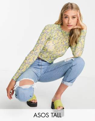 Сетчатый укороченный лонгслив с цветочным принтом ASOS DESIGN Tall-Multi