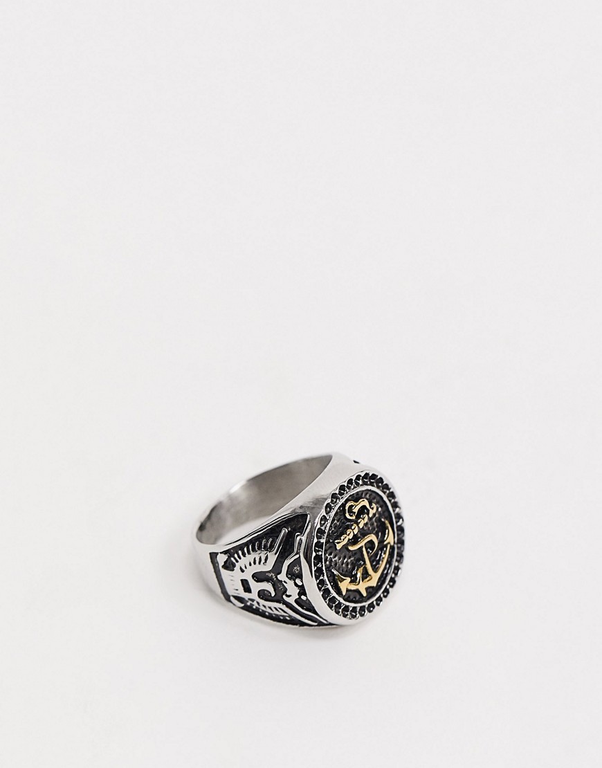 Seven London anchor signet ring in silver and gold-Multi