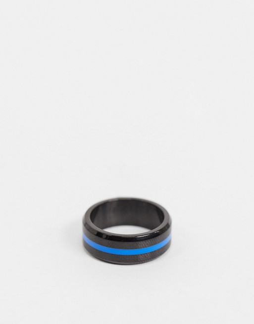Seven London band ring in black with neon blue detail