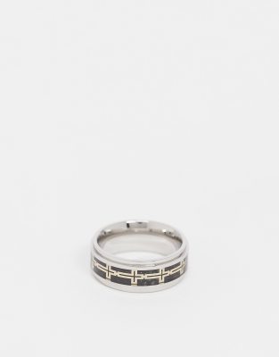 SEVEN LONDON BAND RING IN SILVER WITH BLACK ENAMEL LAYER AND REPEATED CROSS DESIGN BMR0086X