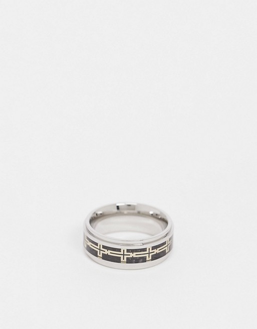 Seven London band ring in silver with black enamel layer and repeated cross design