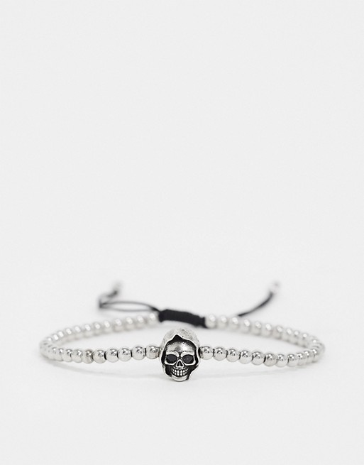 Seven London metal beaded bracelet in silver with skull charm
