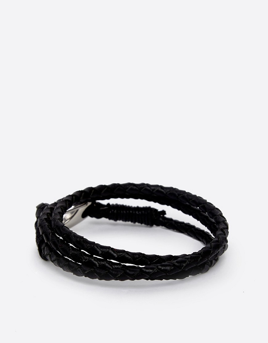 Seven London Plaited Leather Wrap Bracelet-Black
