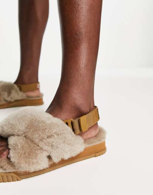Shaka Fiesta Mouton cross strap sandals in dark beige sheepskin , 2 of 4
