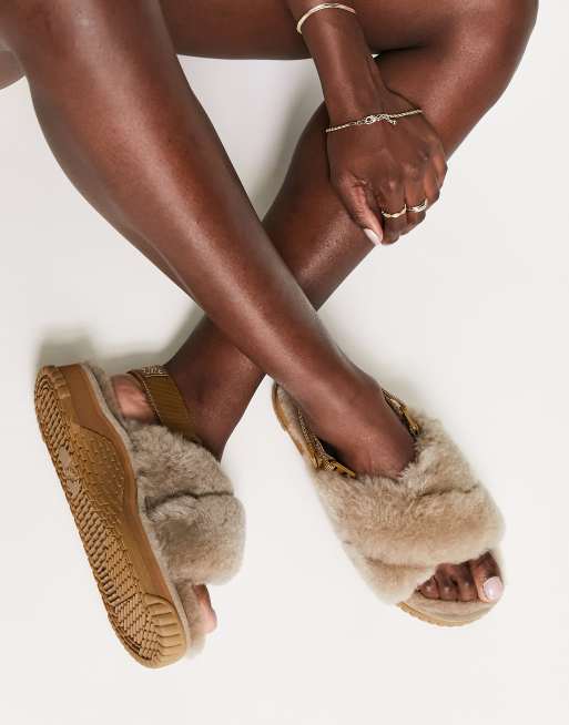 Shaka Fiesta Mouton cross strap sandals in dark beige sheepskin