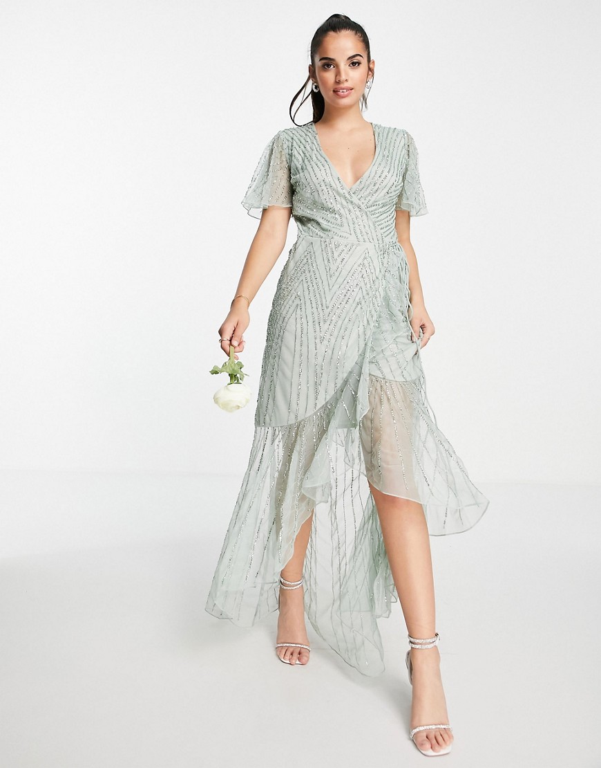 Шалфейно-зеленое платье макси для подружки невесты с запахом и декоративной отделкой Bridesmaids-Зеленый цвет Frock And Frill 103876133