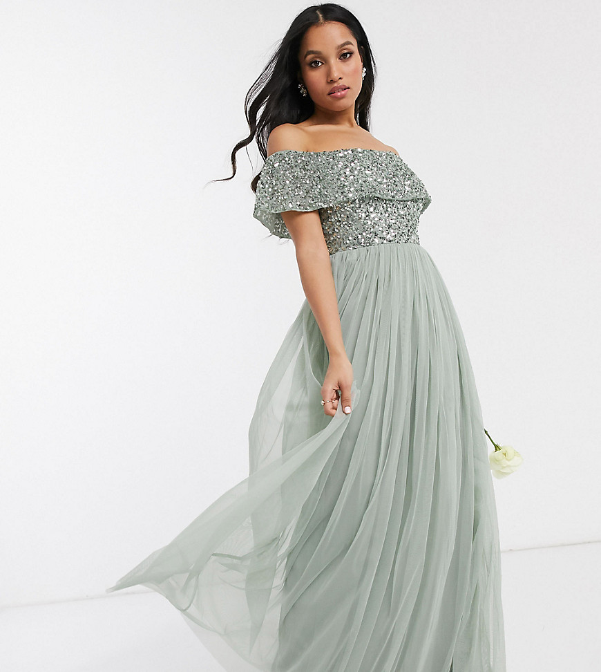 фото Шалфейно-зеленое платье макси со спущенными плечами и пайетками maya petite bridesmaid-зеленый