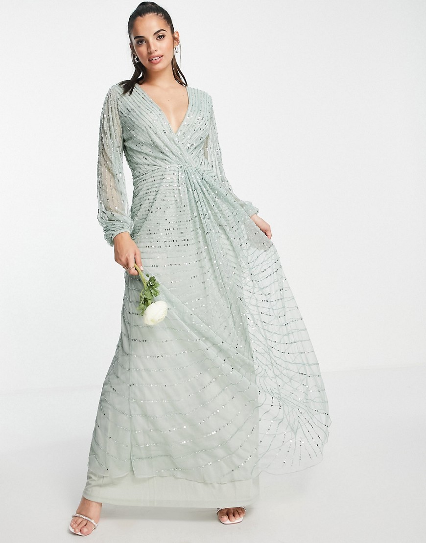 фото Шалфейно-зеленое платье миди для подружки невесты с декоративной отделкой frock and frill bridesmaids-зеленый цвет