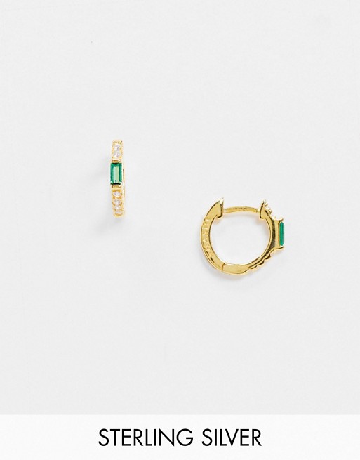 Shashi baguette huggie earrings with embellishment in emerald and gold