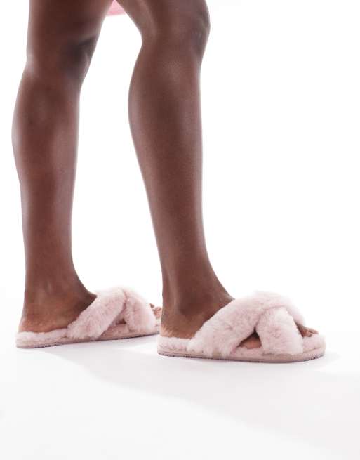 Sheepskin by Totes - Pantofole pelose incrociate rosa, 4 di 4