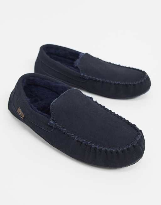 Sheepskin by Totes suede moccasin slippers in navy | ASOS